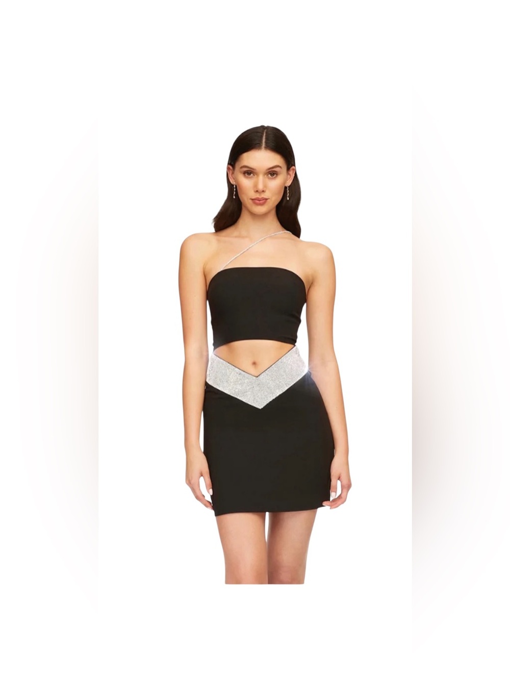 Miss Circle Sprinkle Of Sparkle
Black Mini Dress with Rhinestone V-Trim